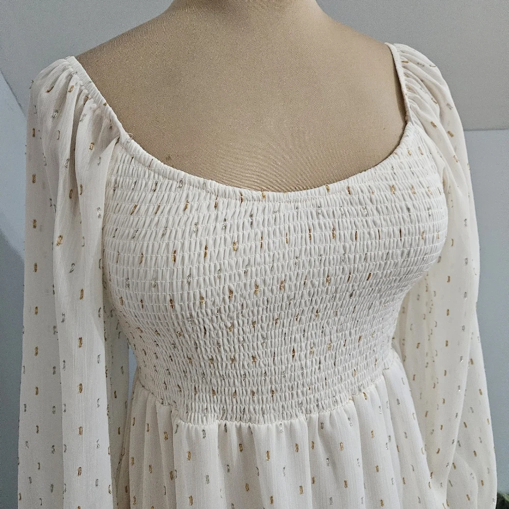 Altar’d State White Smocked Dress Gold Dot Tiered Size M Cottage Fairy Boho - Picture 6 of 14